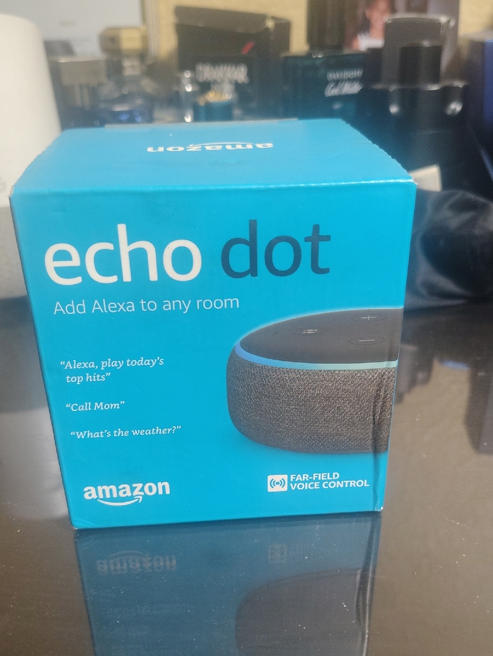 Amazon Echo Dot Box in Teal and Black Branding